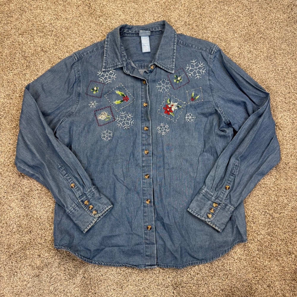 Holiday Editions Womens XL Blue Denim‎ Embroidered Christmas Snowflake Shirt